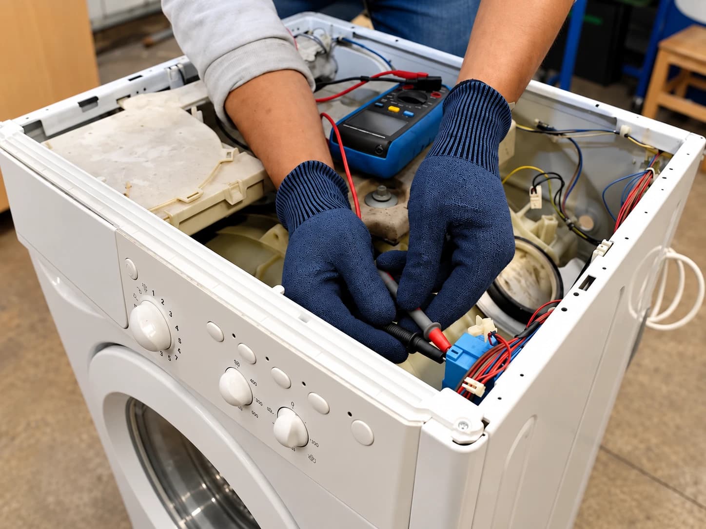 Diagnostic au multimètre dans un lave-linge ouvert, avec des gants de protection