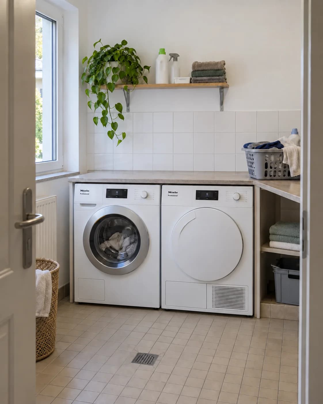 Petite buanderie d’internat avec un lave-linge et un sèche-linge compacts côte à côte, un plan de travail et un panier à linge