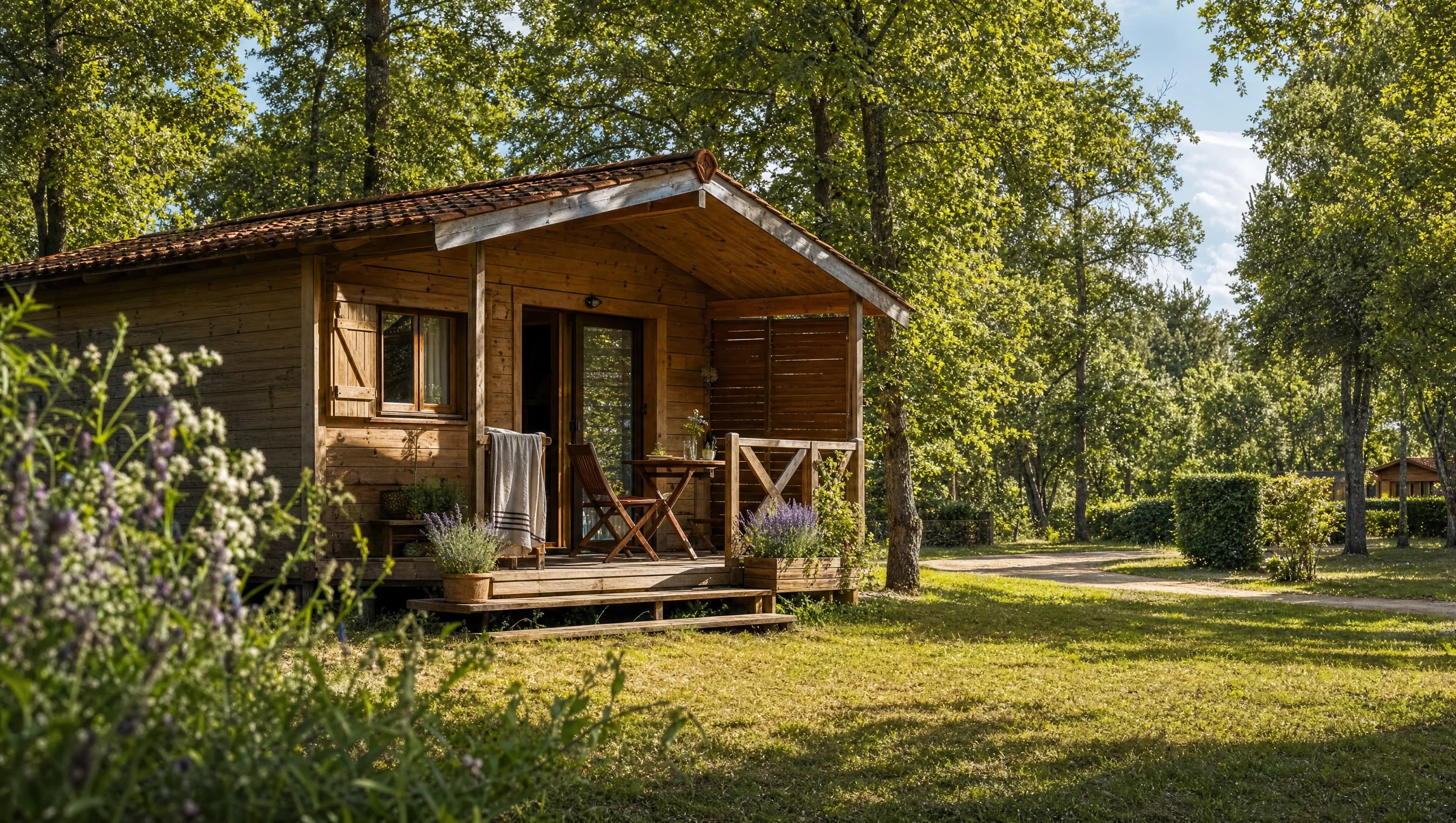 Chalet en bois avec terrasse dans un camping arboré