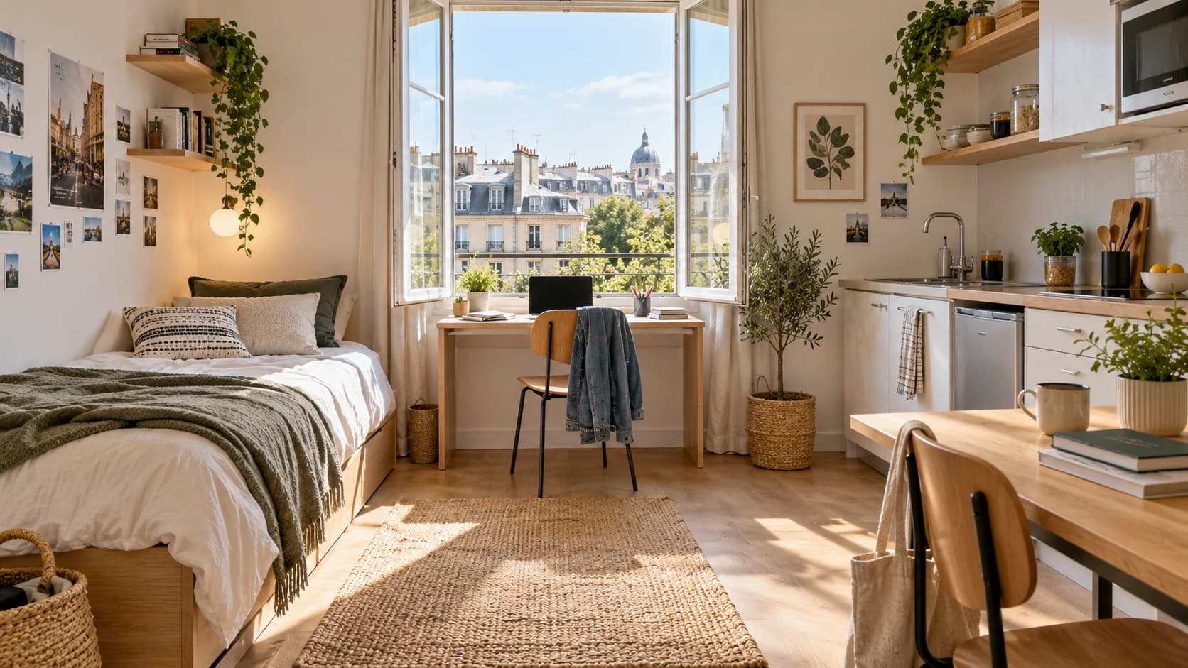 Chambre étudiante avec lit, bureau et rangements