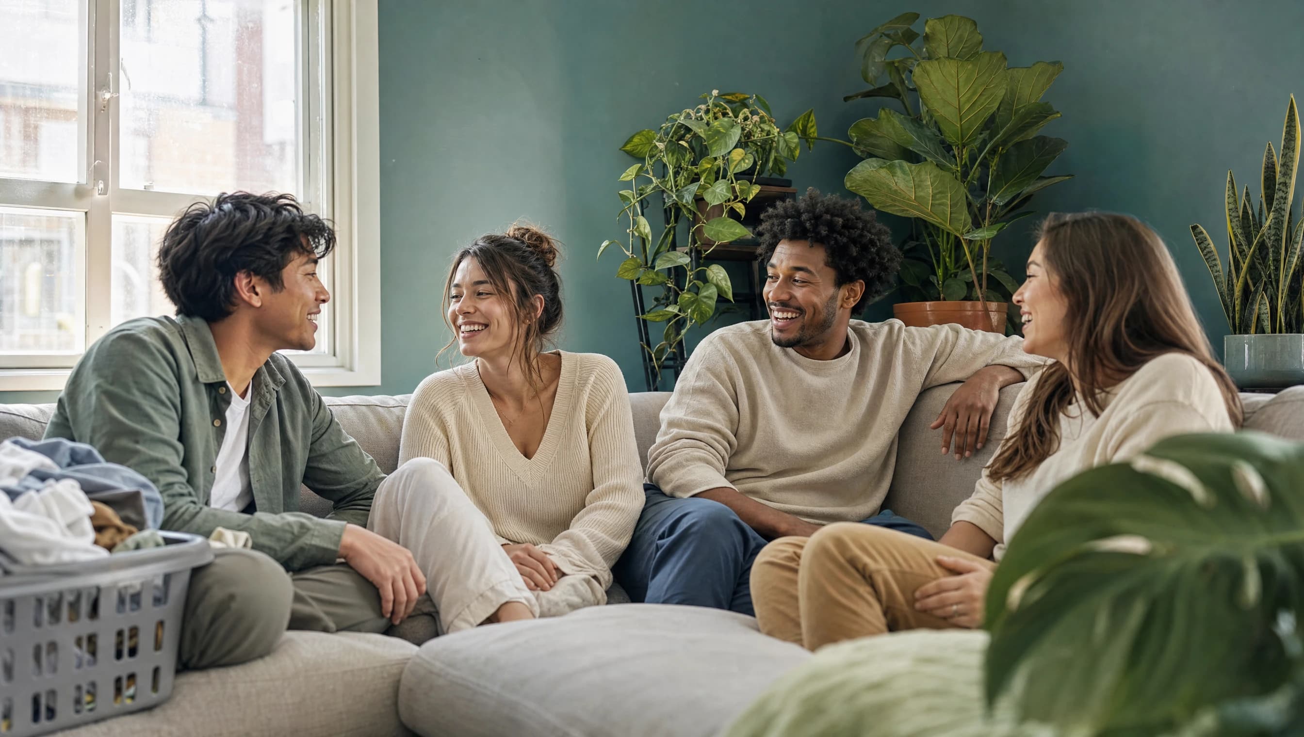 Résidents réunis dans le salon partagé d’un coliving