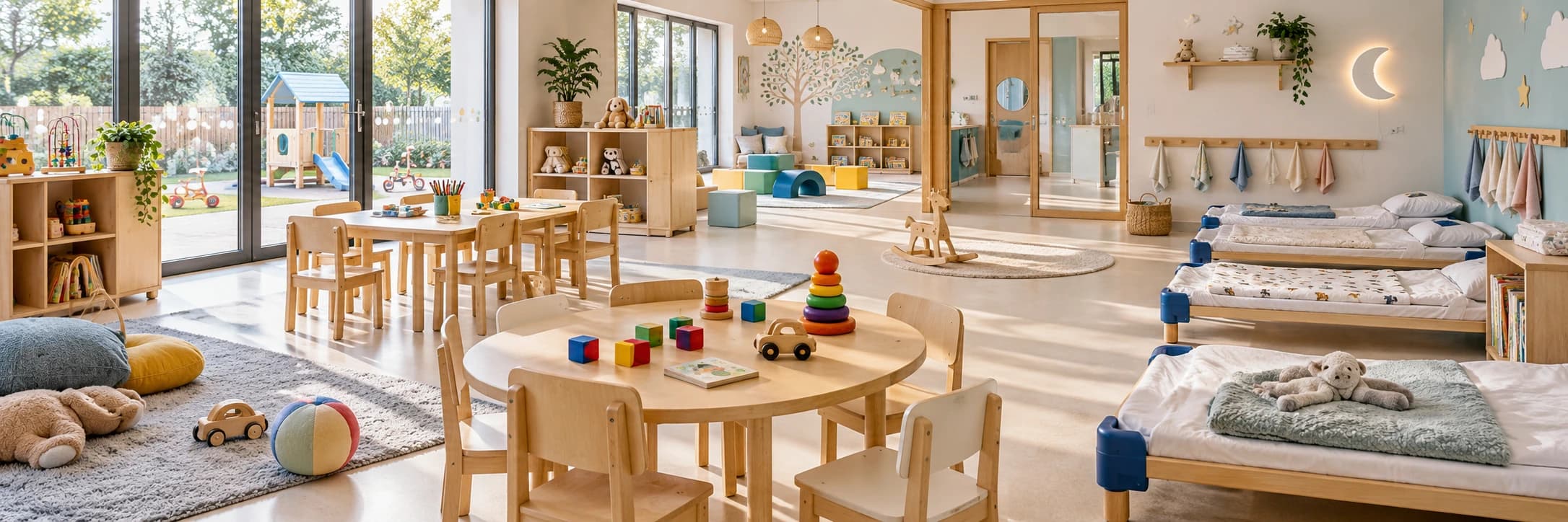 Espace de jeux et tables pour enfants dans une crèche