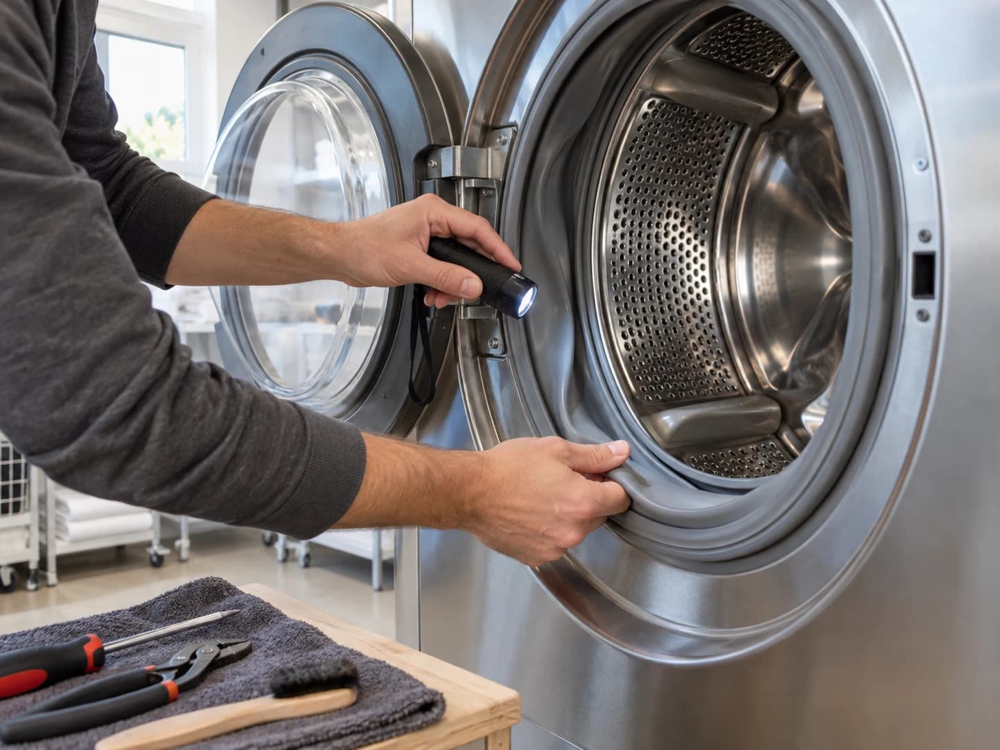 Contrôle du joint de porte et du tambour d’un lave-linge avec une lampe d’inspection