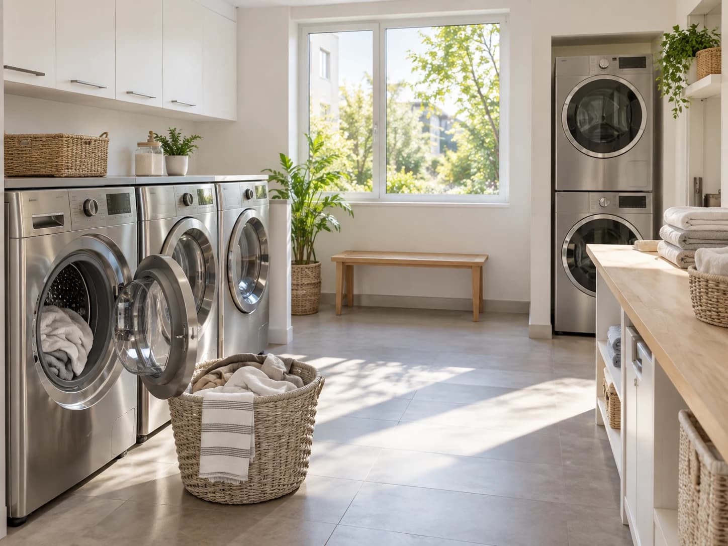 Laverie lumineuse avec lave-linge, sèche-linge et plan de pliage
