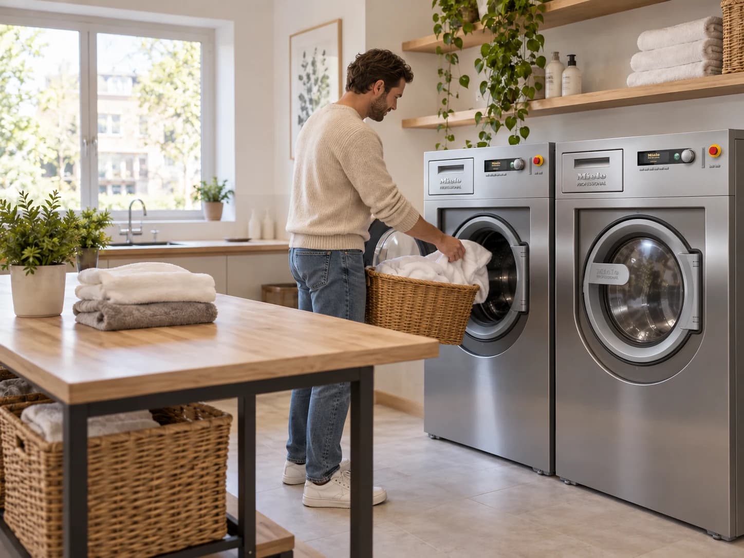 Un homme charge du linge dans l’un des deux lave-linge Miele Professional PW 811