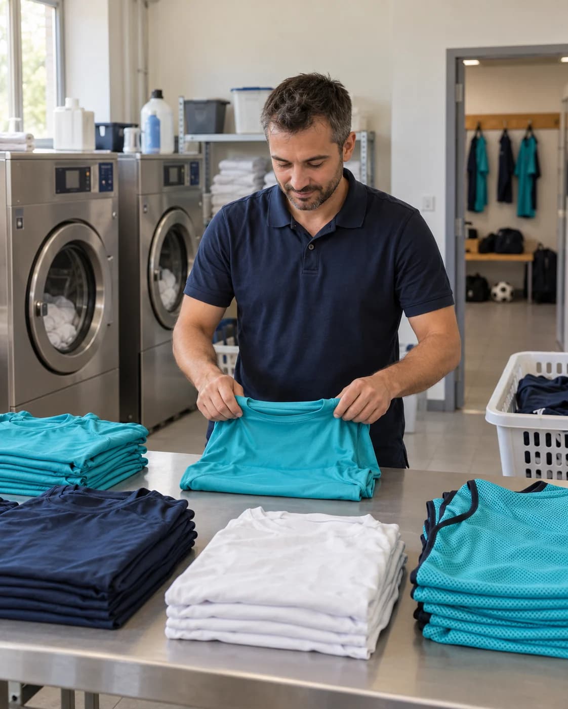 Intendant pliant des maillots dans une buanderie de club de football équipée de lave-linge professionnels