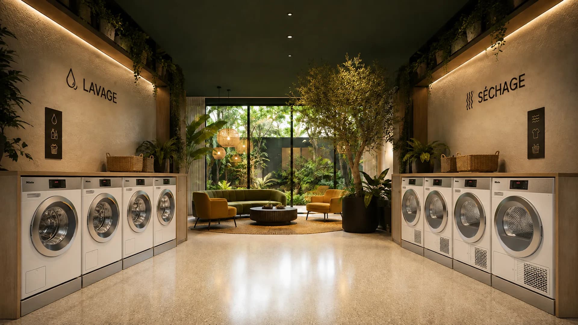 Espace de buanderie professionnelle équipé de lave-linge et sèche-linge