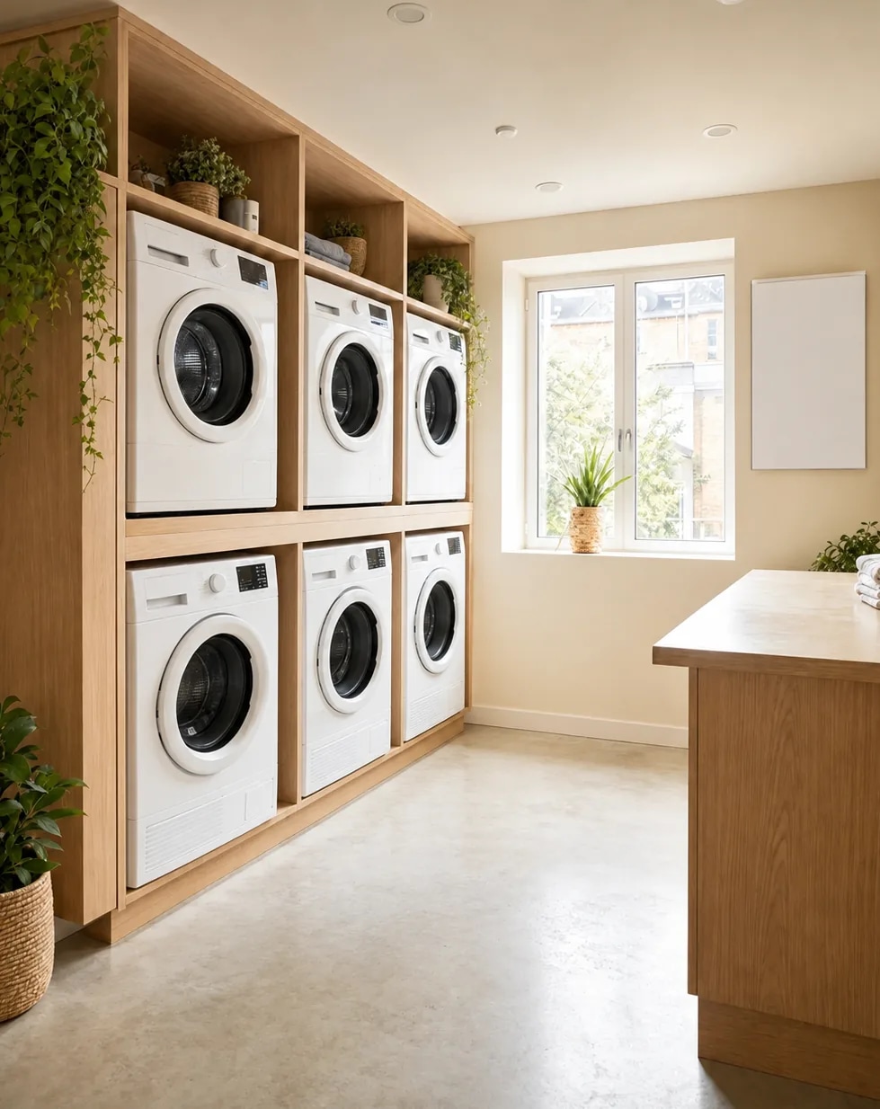 Lave-linge et sèche-linge superposés dans une laverie de résidence