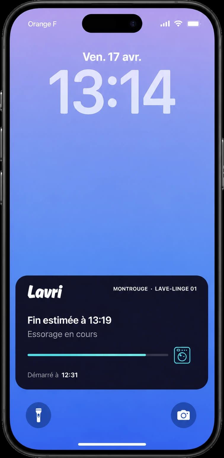 Suivi LavriPay mobile sur un écran verrouillé : essorage en cours et heure de fin estimée