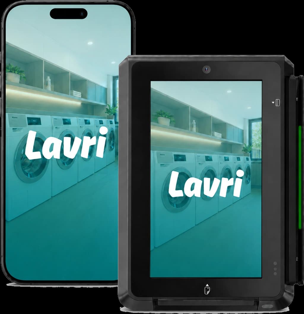 LavriPay mobile sur téléphone et terminal de paiement électronique de la laverie