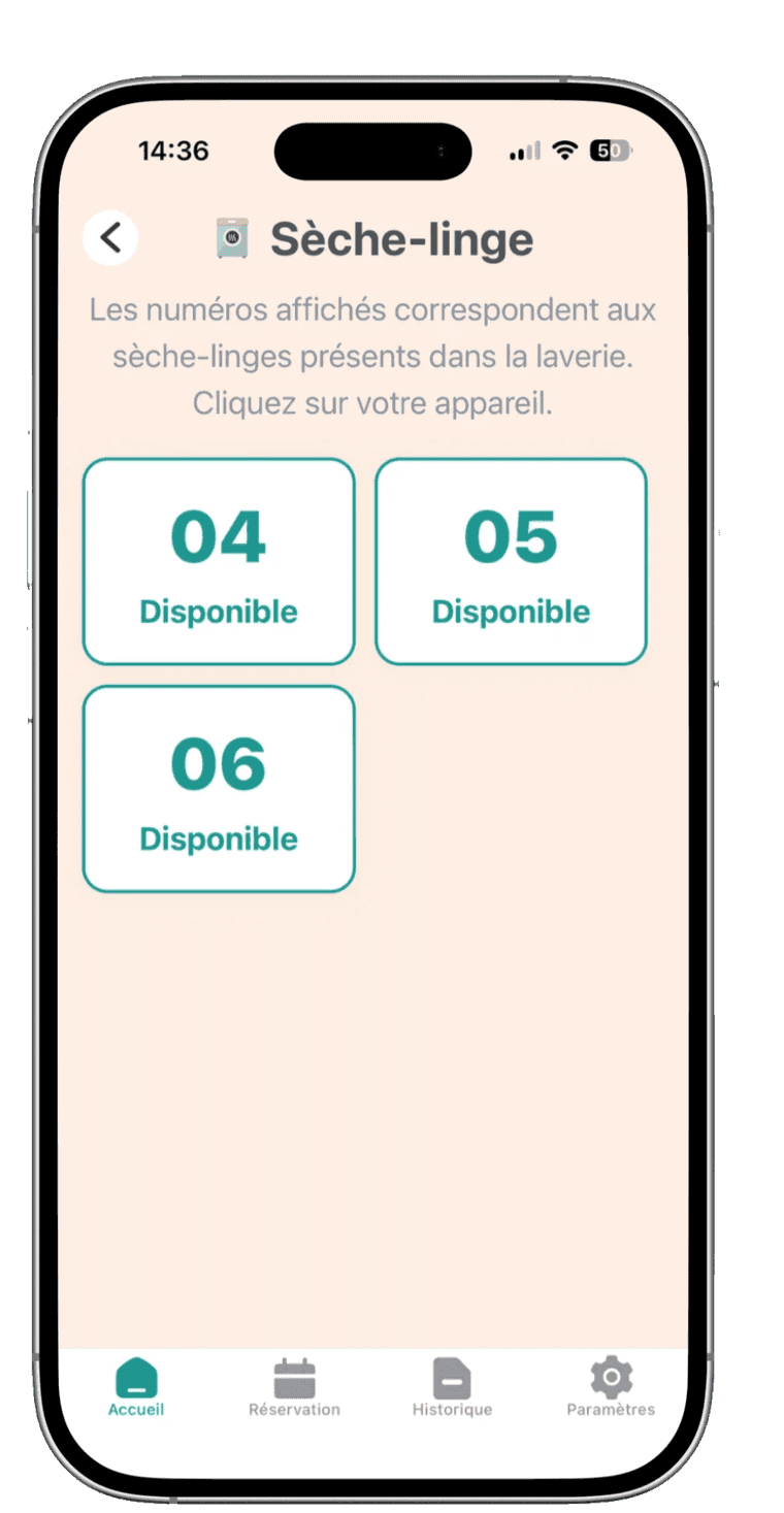 Sélection des sèche-linge disponibles, identifiés par leur numéro
