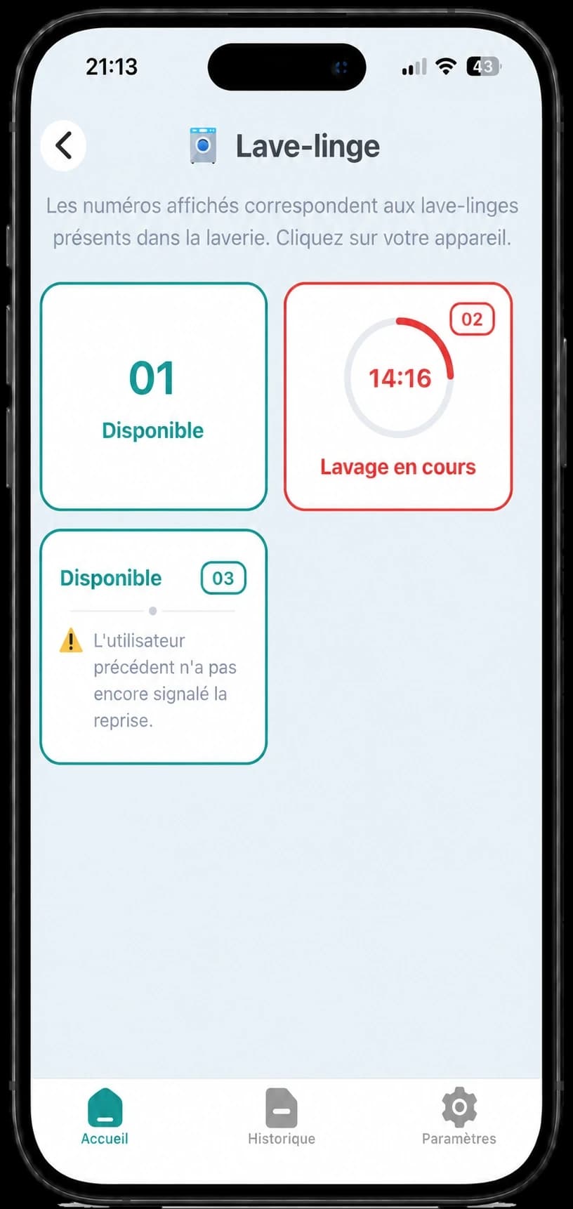 LavriPay mobile : disponibilité des machines et temps restant