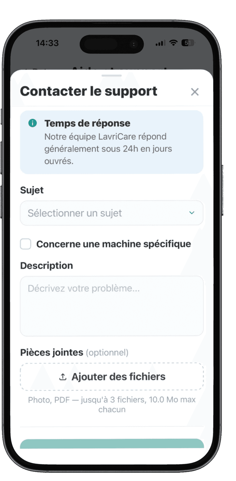 Formulaire de contact LavriCare accessible dans l’application LavriPay mobile