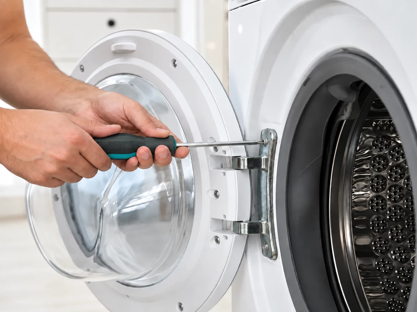Réglage au tournevis de la charnière d’un hublot de lave-linge