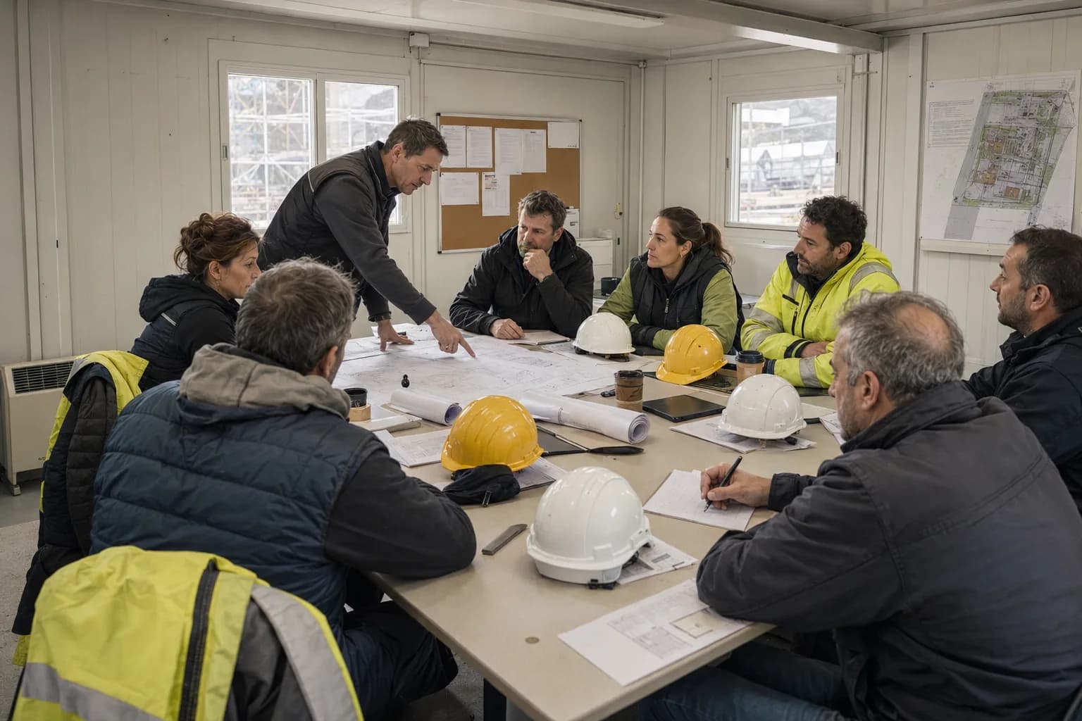 Équipe étudiant les plans d’un local de laverie