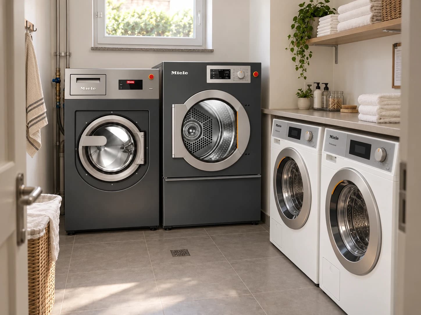 Petite buanderie de conciergerie avec un grand lave-linge, un grand sèche-linge et deux lave-linge compacts sous un plan de travail