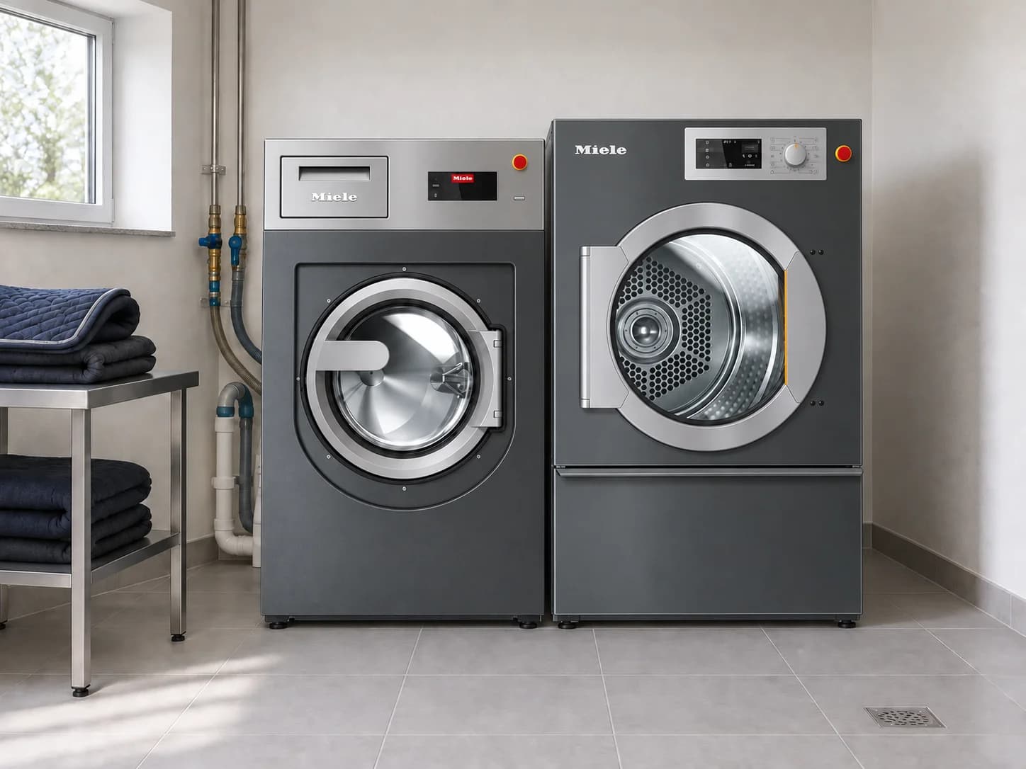 Lave-linge et sèche-linge professionnels Miele côte à côte dans une buanderie avec des textiles équestres pliés