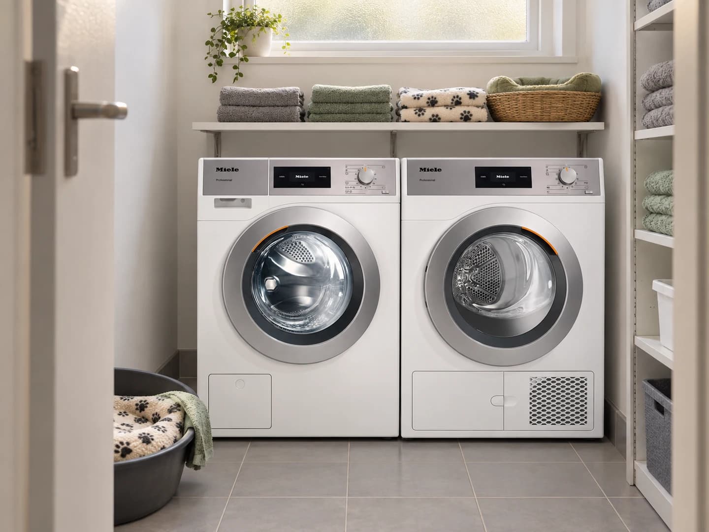 Illustration d’un petit local vétérinaire avec un lave-linge Miele PWM 507 et un sèche-linge PDR 507 HP côte à côte, des serviettes et des couchages pour animaux