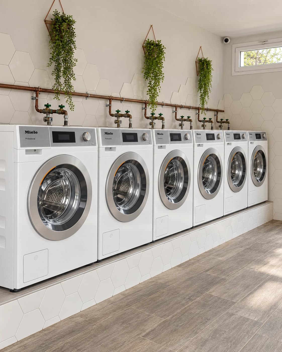 Laverie de camping avec une rangée de lave-linge Miele blancs sur un socle carrelé