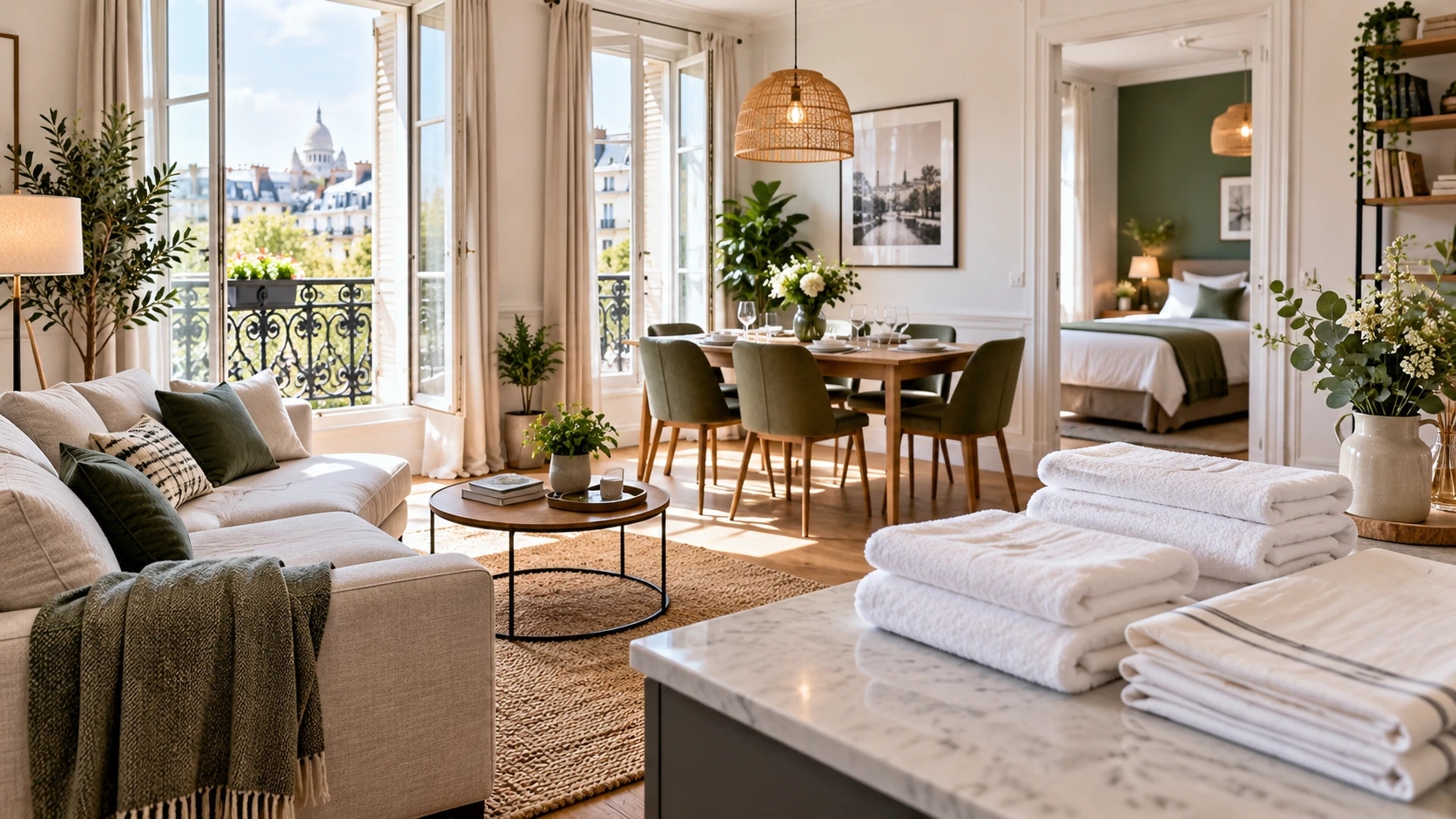 Appartement meublé avec linge de maison plié pour l’accueil des voyageurs