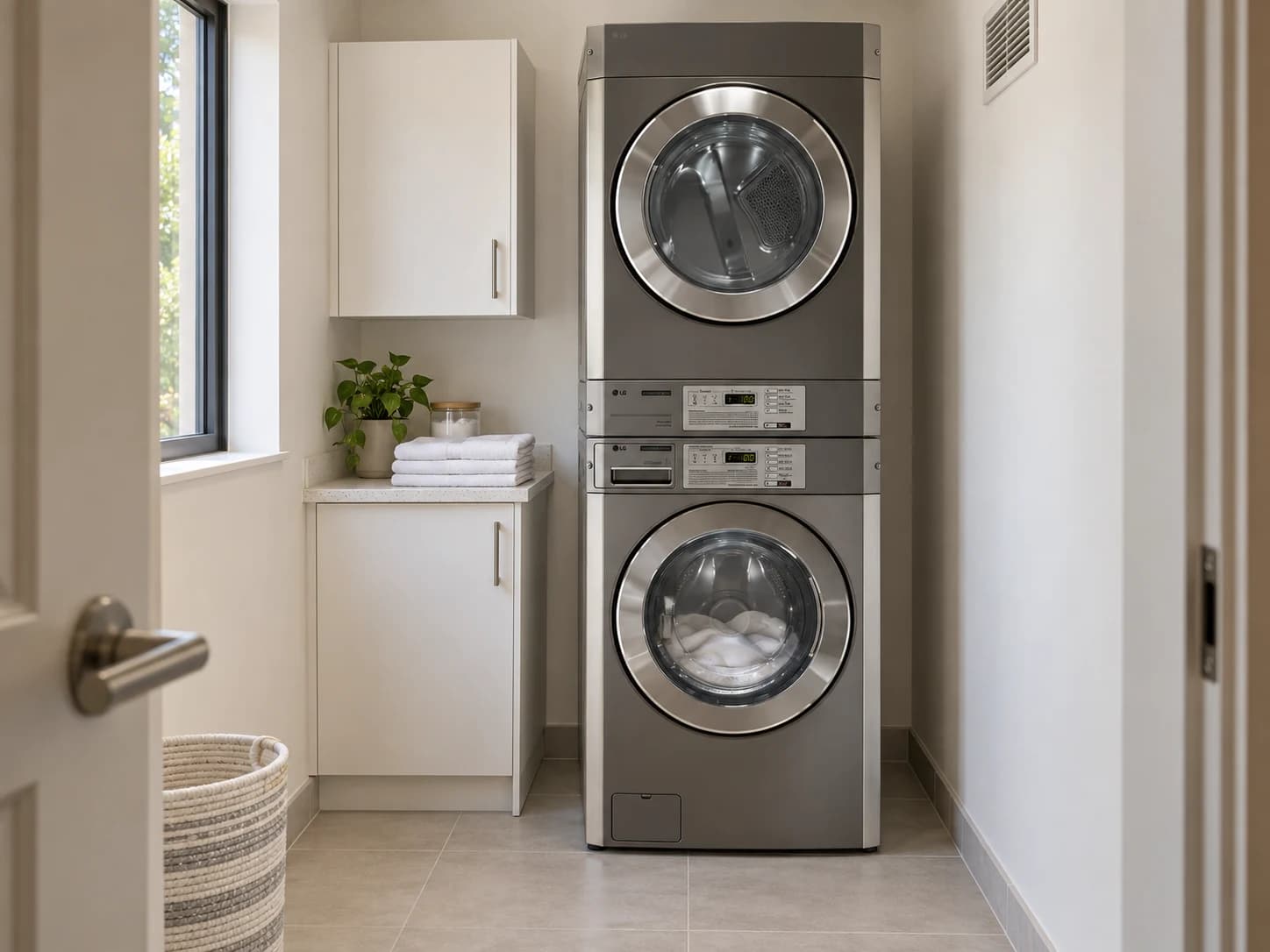 Colonne lave-linge et sèche-linge LG dans une petite buanderie avec rangement du linge