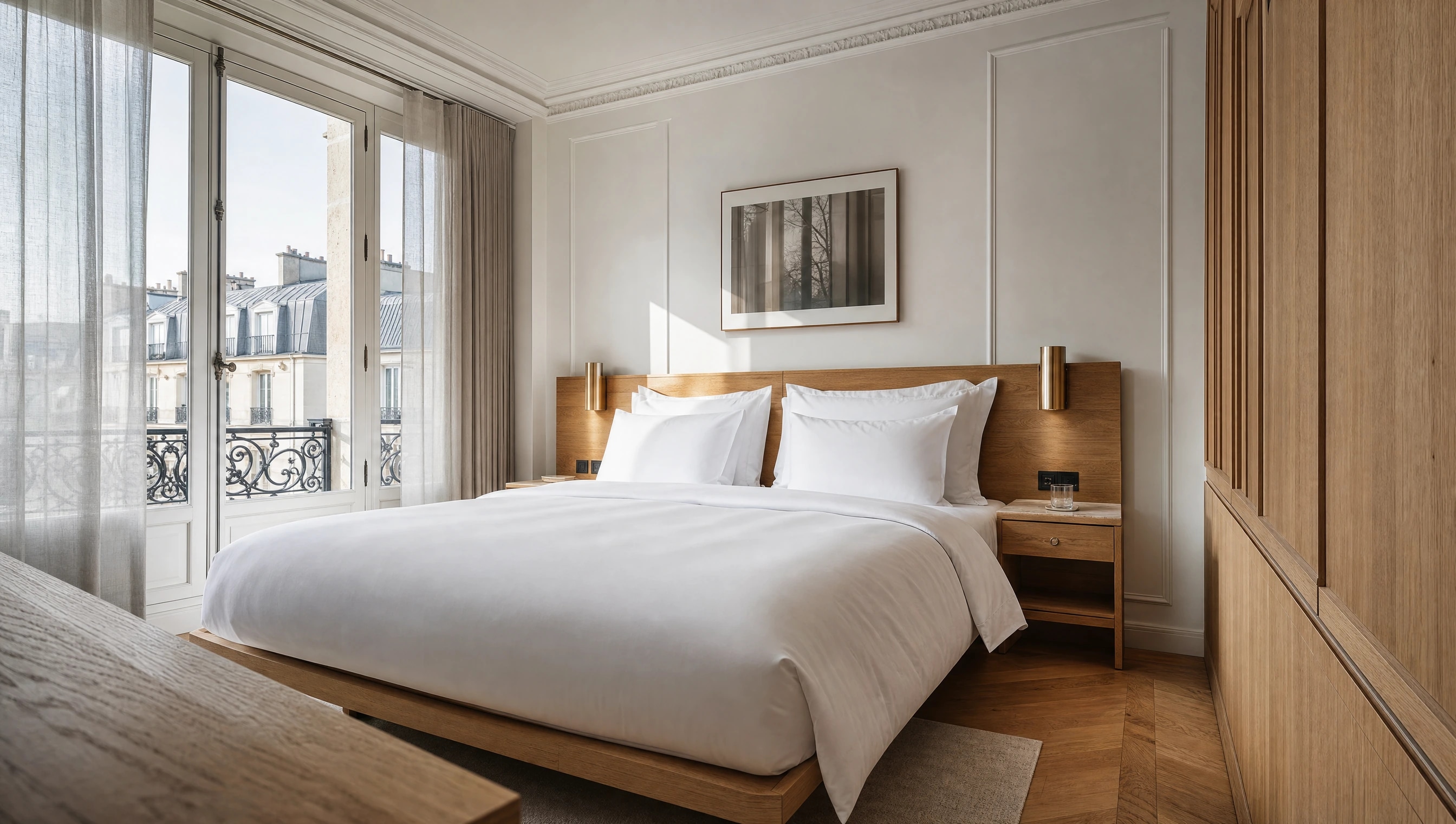 Chambre d’hôtel avec lit double et linge de lit blanc