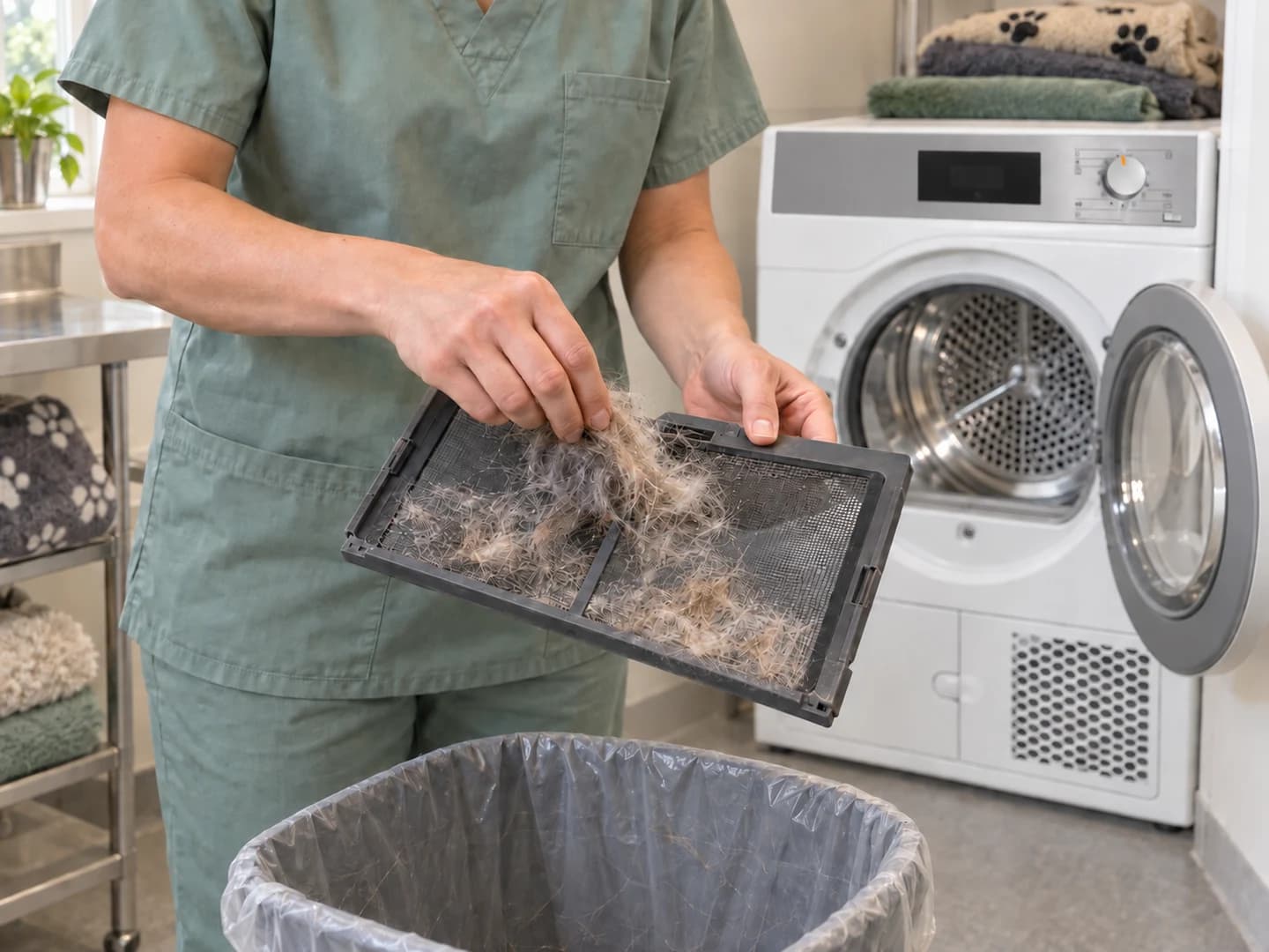 Illustration du nettoyage d’un filtre de sèche-linge chargé de poils d’animaux dans une petite buanderie vétérinaire